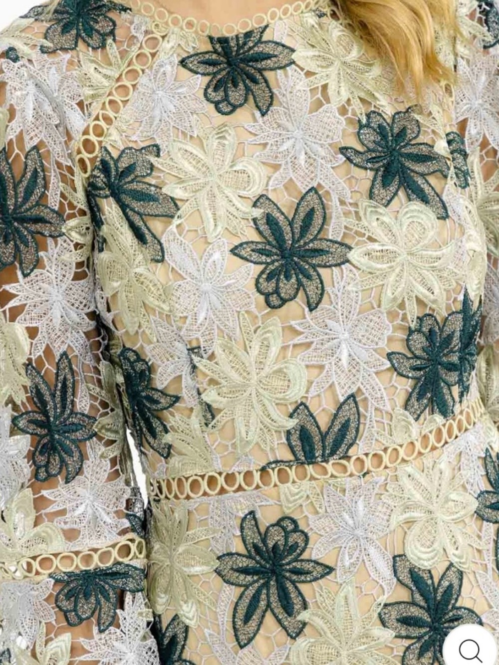 GREEN AND CREAM LONG SLEEVE FLORAL MINI DRESS WITH CROCHET AND LACE DETAILS - Picture 4 of 13